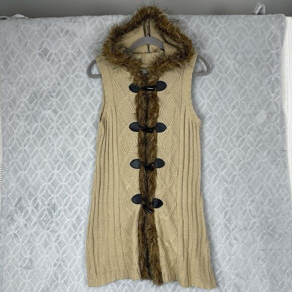 Y2K Hooded Sweater Vest Womens Small Tan Faux Fur Trim Toggle Chunky Penny Lane - Picture 1 of 11